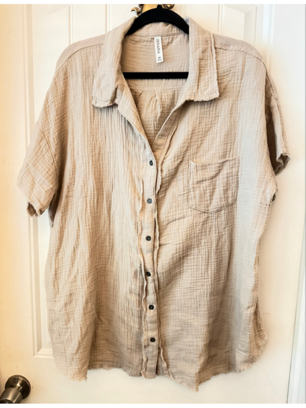 Women's Zenana Short Sleeve Button Down Shirt 1X Beige Cotton Gauze Top